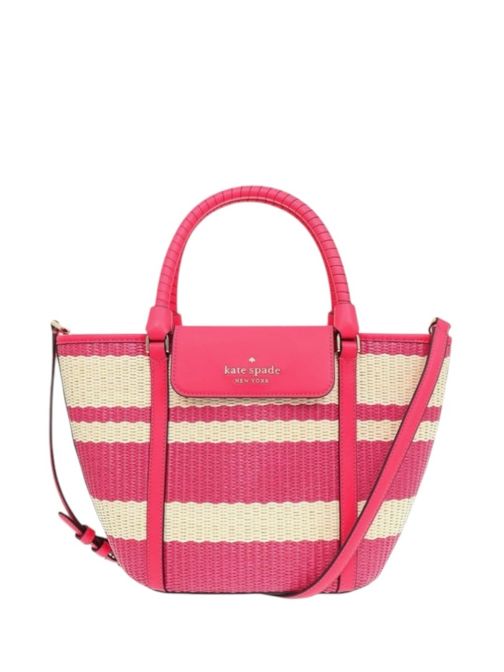 kate spade bikini pink and cream striped straw tote